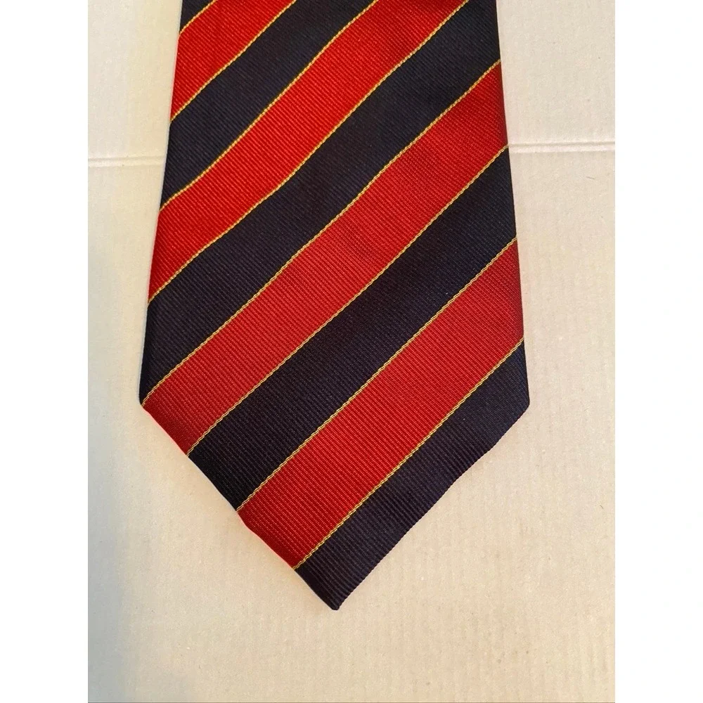 Lands End Mens Long Silk Tie Navy Blue Red Gold Regimental Stripe Handsewn USA